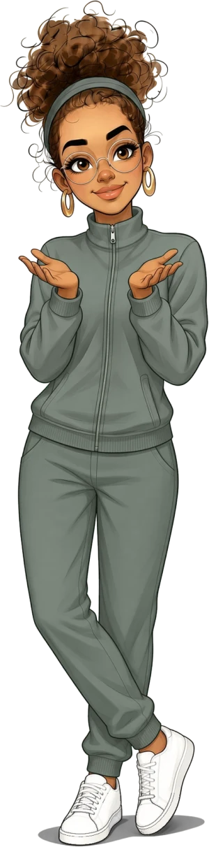 Helena, unsere KI-Telefonassistentin, als gezeichnete Figur mit offenen Händen.