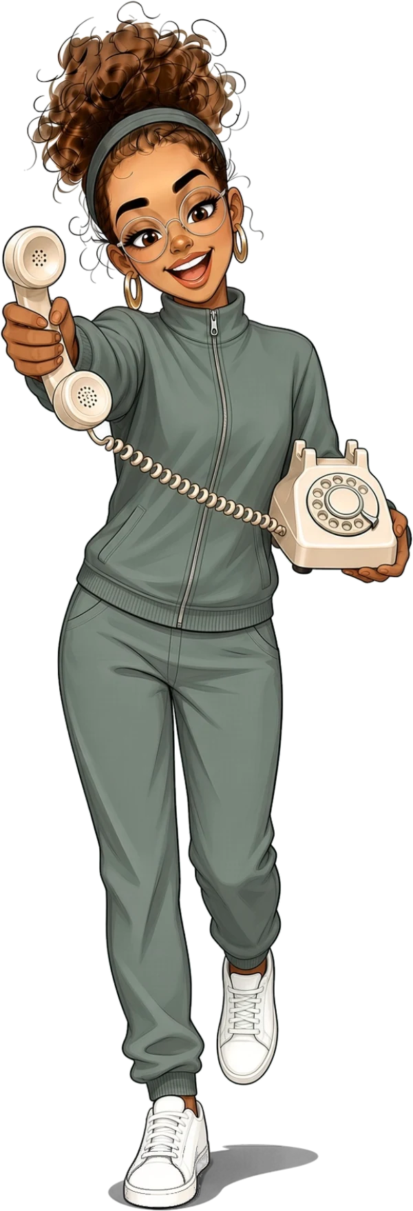Helena, notre assistante téléphonique IA, dessinée en riant et tendant un combiné de téléphone.