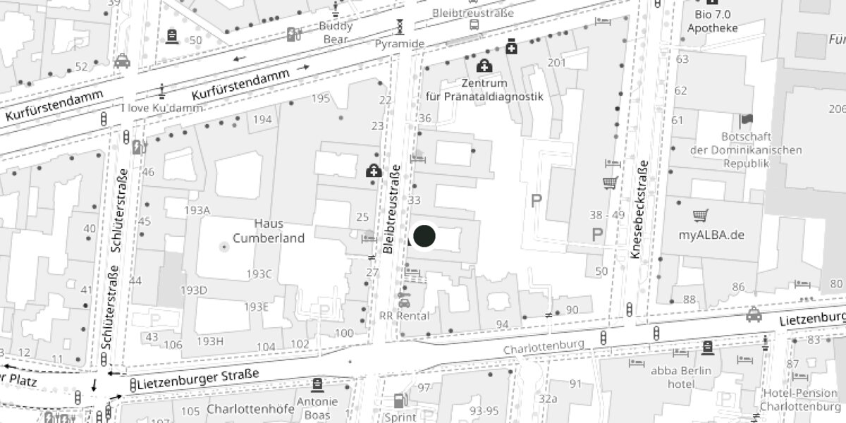 Lageplan: Die Praxis liegt in der Bleibtreustraße 32, wenige Schritte südlich vom Kurfürstendamm.